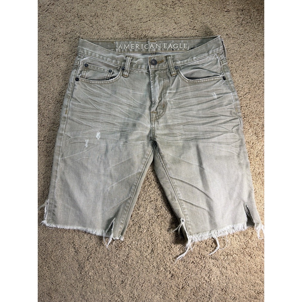 American Eagle Bermuda Shorts Men 30 Green Cutoffs Low-Rise Distressed Whiskered